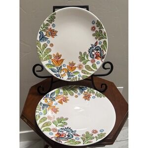 Dash of That Colorful Floral Earthenware 11" Dinner Plates Lot of Two Pair
